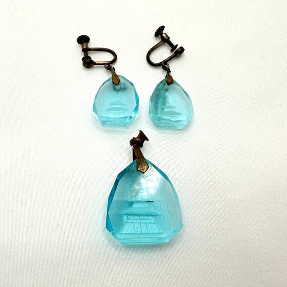 Antique Art Deco Czech Glass Pagoda Reverse Intaglio Necklace & Earrings Set - Picture 2 of 9